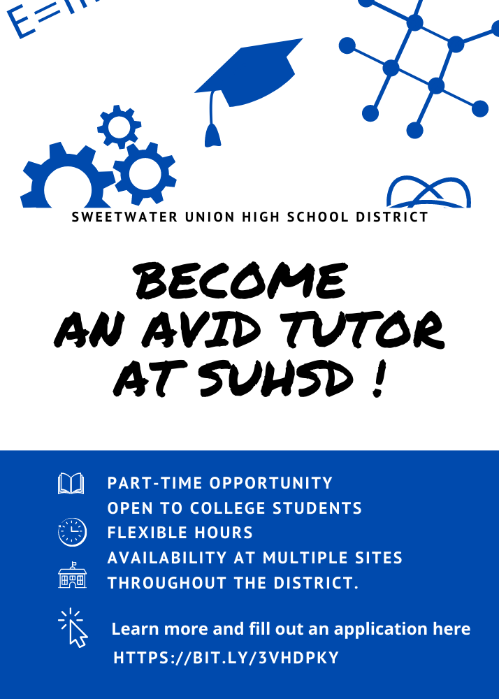 Sweetwater Union High School District Become an AVID Tutor at SUHSD ! * Part-time opportunity * Open to college students * Flexible hours * Availability at multiple sites throughout the District. Learn more and fill out an application here https://bit.ly/3vhDpkY