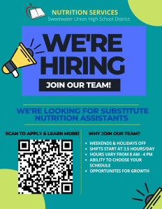 NUTRITION SERVICES sweetwater Union High School District WE'RE HIRING JOIN OUR TEAM! WE'RE LOOKING FOR SUBSTITUTE NUTRITION ASSISTANTS APPLY & LEARN MORE! https://www.edjoin.org/Home/DistrictJobPosting/1432920 WHY JOIN OUR TEAM? WEEKENDS & HOLIDAYS OFF . SHIFTS START AT 3.5 HOURS/DAY . HOURS VARY FROM 8 AM - 4 PM CHOOSE YOUR SCHEDULE OPPORTUNITES FOR GROWTH