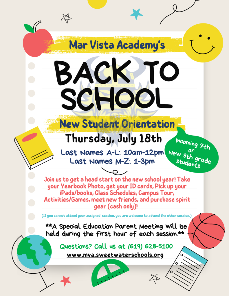 New Student Orientation on July 18th. Last names A-L should attend from 10am-12pm and last names M-Z should attend from 1-3pm. 