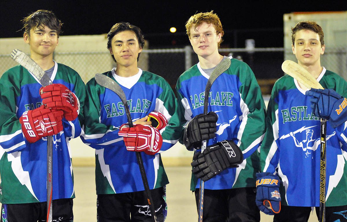 From left, Eastlake High School's version of roller hockey's fearsome foursome, Luke Killeen, Will Hamilton, Jake Powell and Braden Mayer. Photo by Phillip Brents