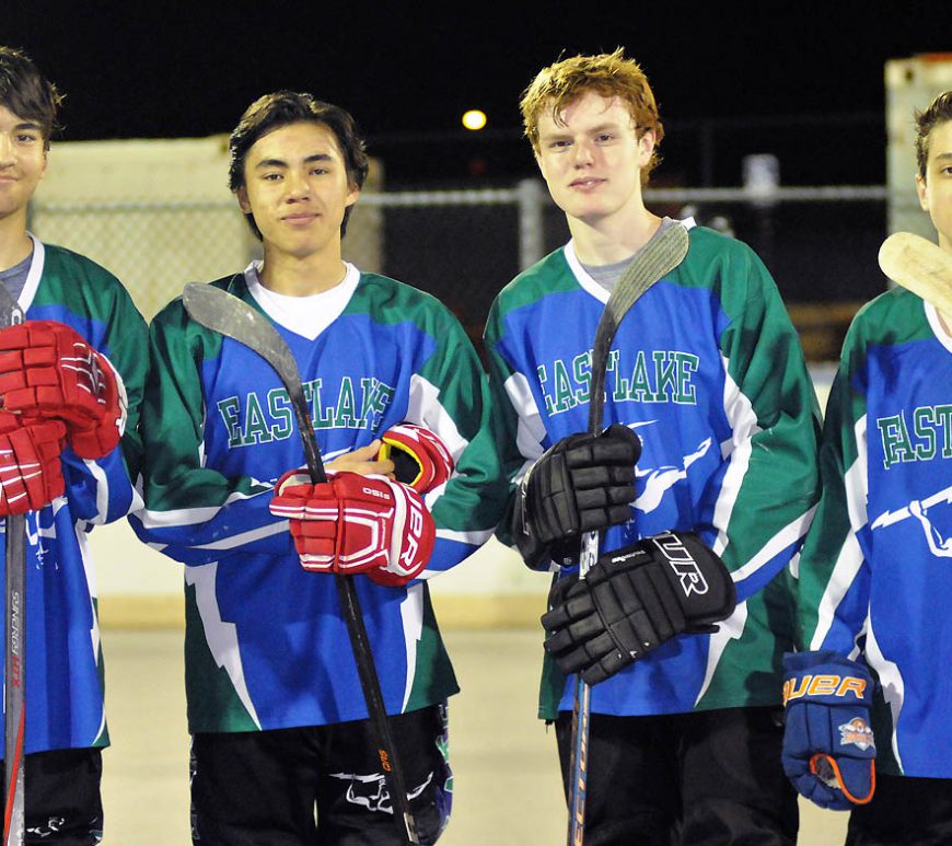 From left, Eastlake High School's version of roller hockey's fearsome foursome, Luke Killeen, Will Hamilton, Jake Powell and Braden Mayer. Photo by Phillip Brents