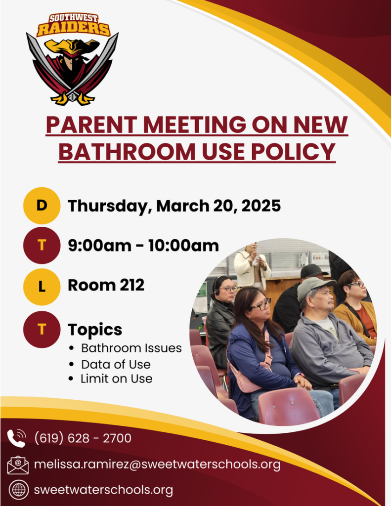 PARENT MEETING ON NEW BATHROOM USE POLICY

Thursday, March 20, 2025
9:00am - 10:00am

Room 212

Topics
• Bathroom Issues
• Data of Use
• Limit on Use