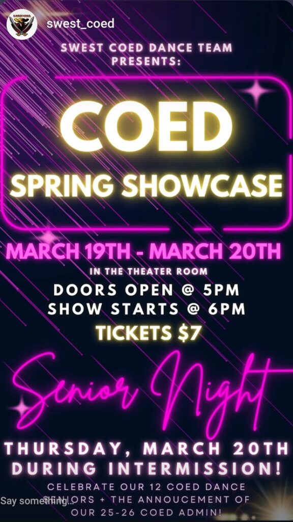 COED
SPRING SHOWCASE
MARCH 19TH - MARCH 20TH
IN THE THEATER ROOM
DOORS OPEN @ 5PM SHOW STARTS @ 6PM
TICKETS $7
Senior Night