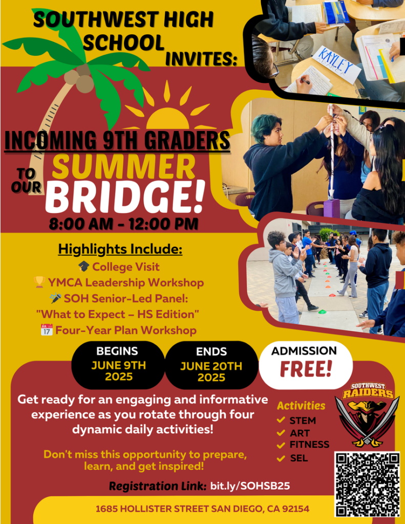 Summer bridge for students, June 9th-20th from 8:00-12:00.  Workshops, Games and More!