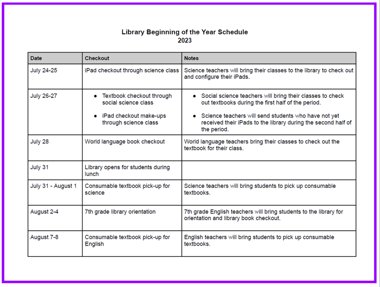 Library Dates 2023 Eastlake Middle School