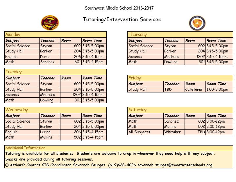 Southwest Middle School Tutoring and intervention schedule