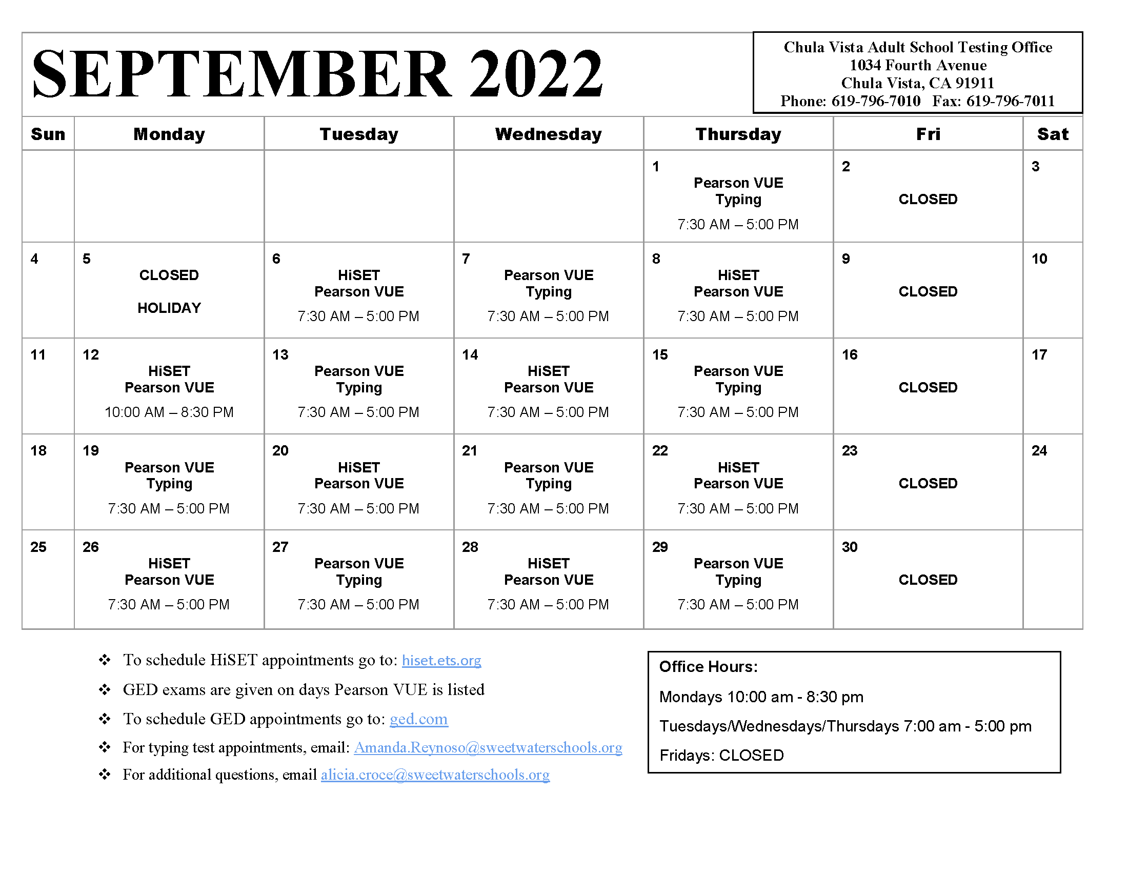Calendar of September 2022 testing dates for the Chula Vista Testing Center
