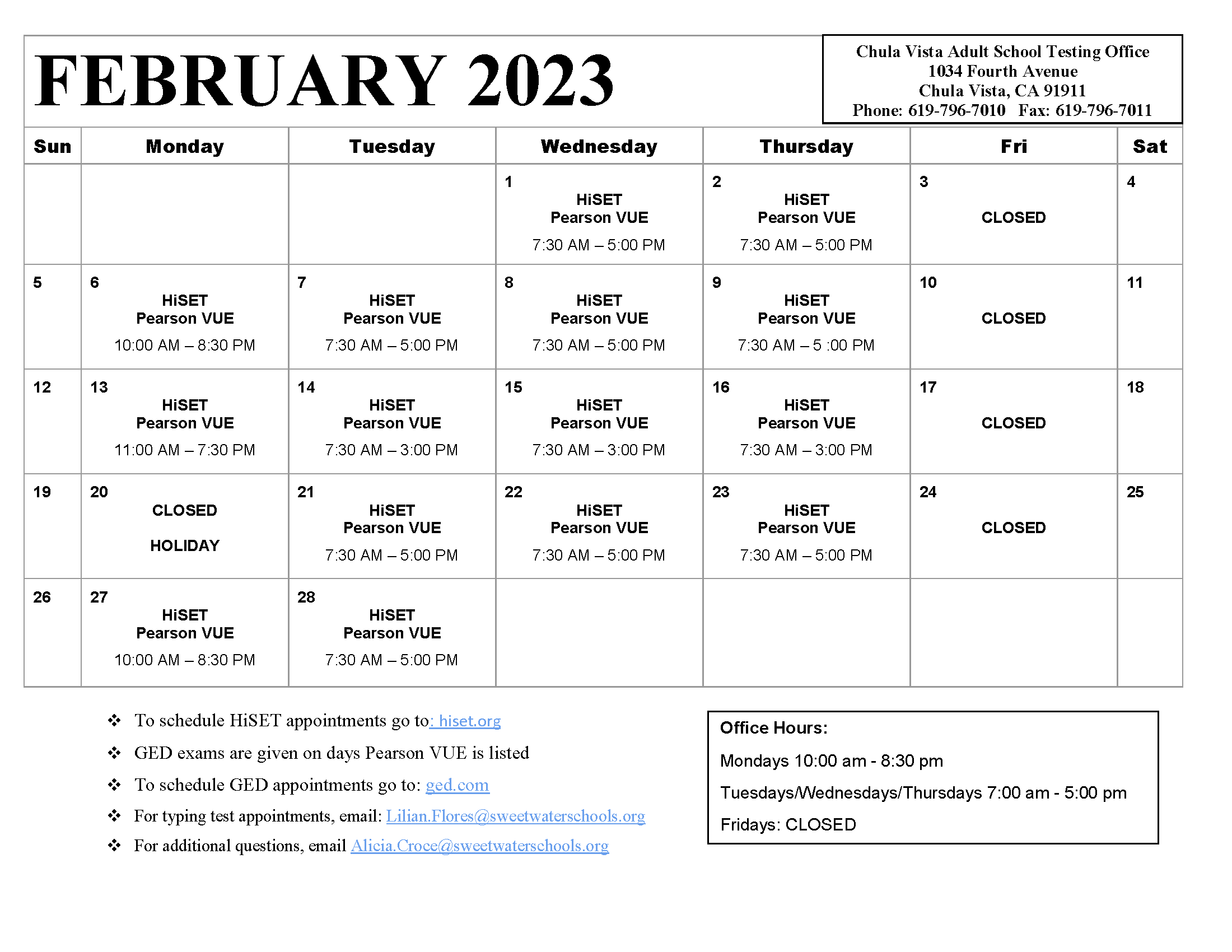 February 2023 Chula Vista Adult School Testing Center calendar.