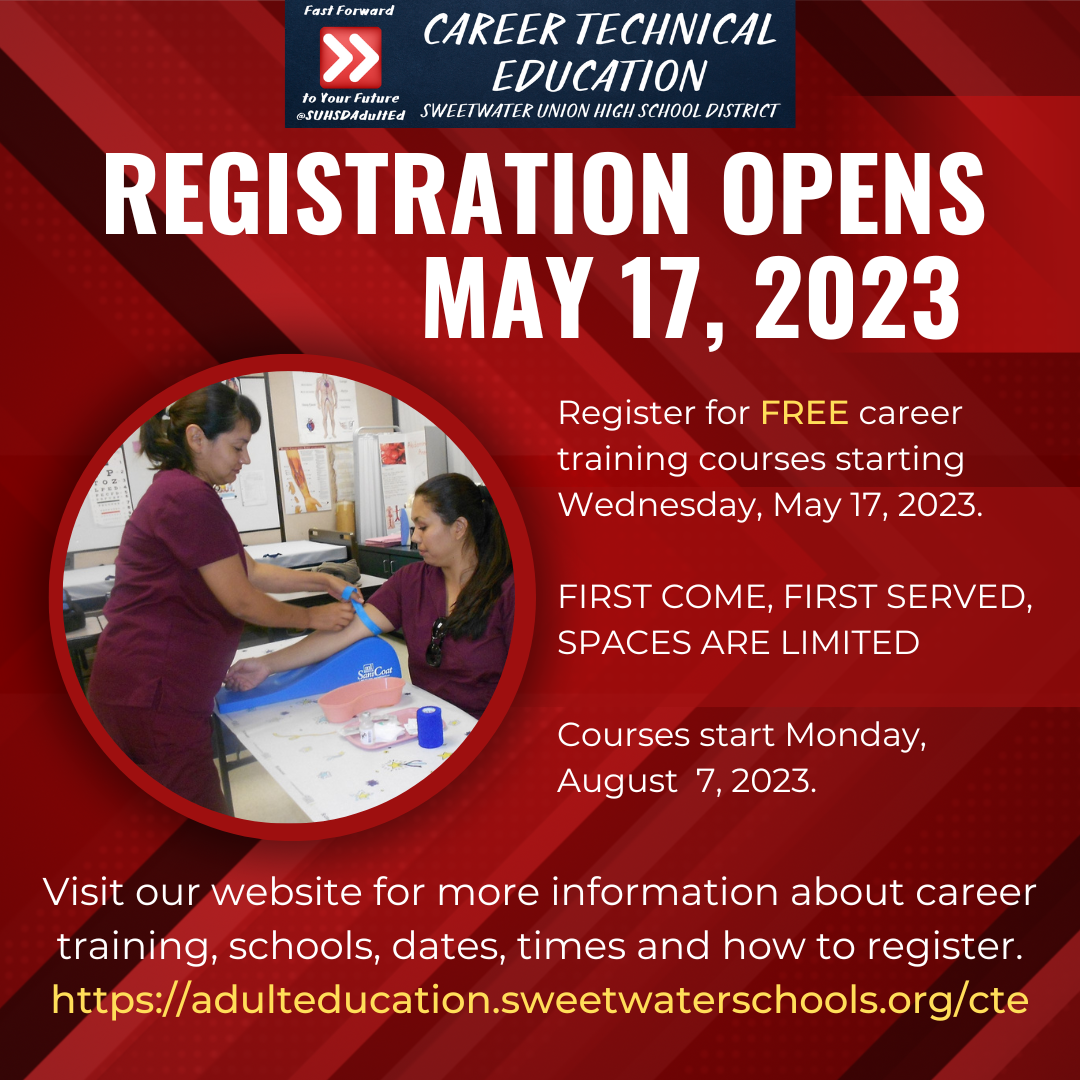 Registration opens on May 17, 2023 for career training classes. Classes will begin in August 2023.