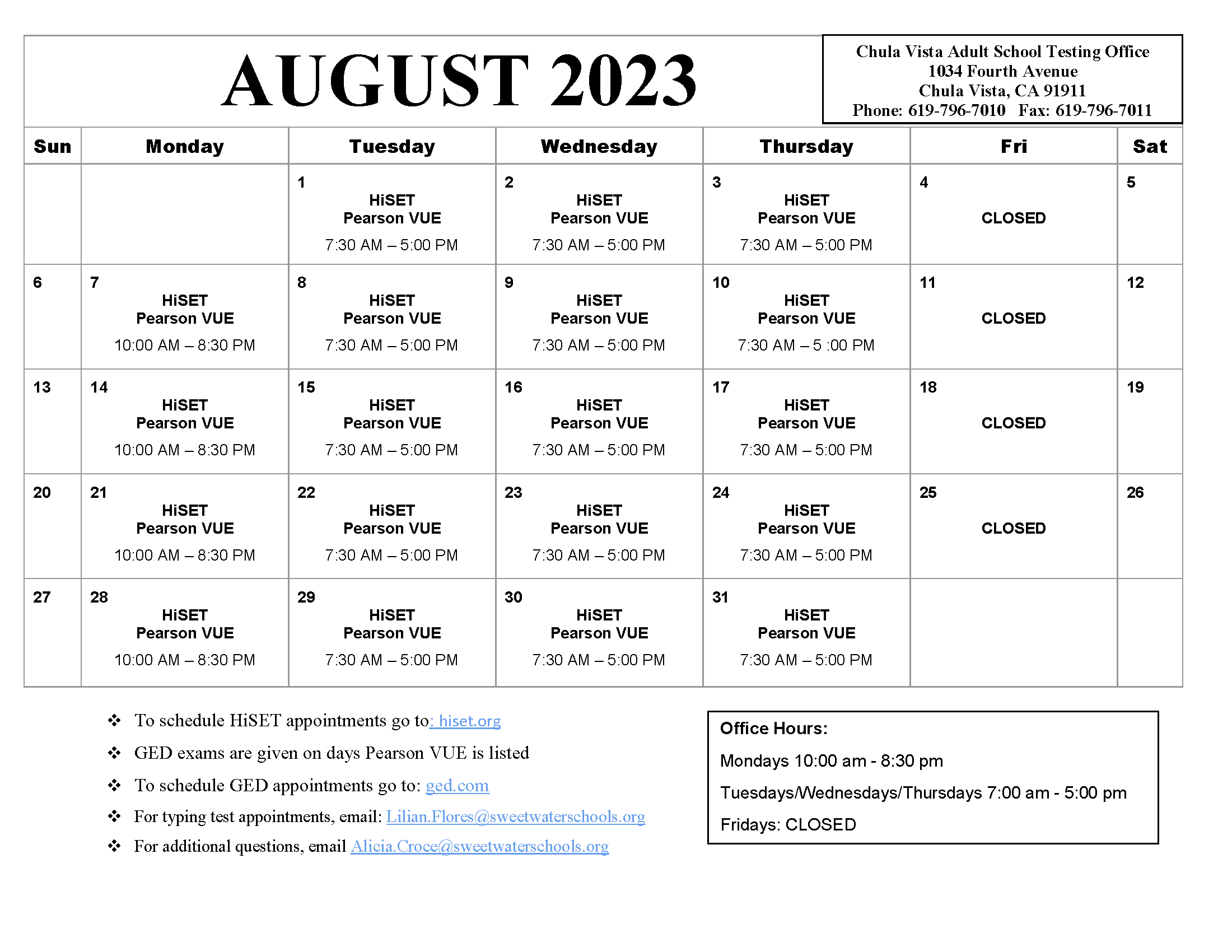 August 2023 Chula Vista Testing Center Calendar