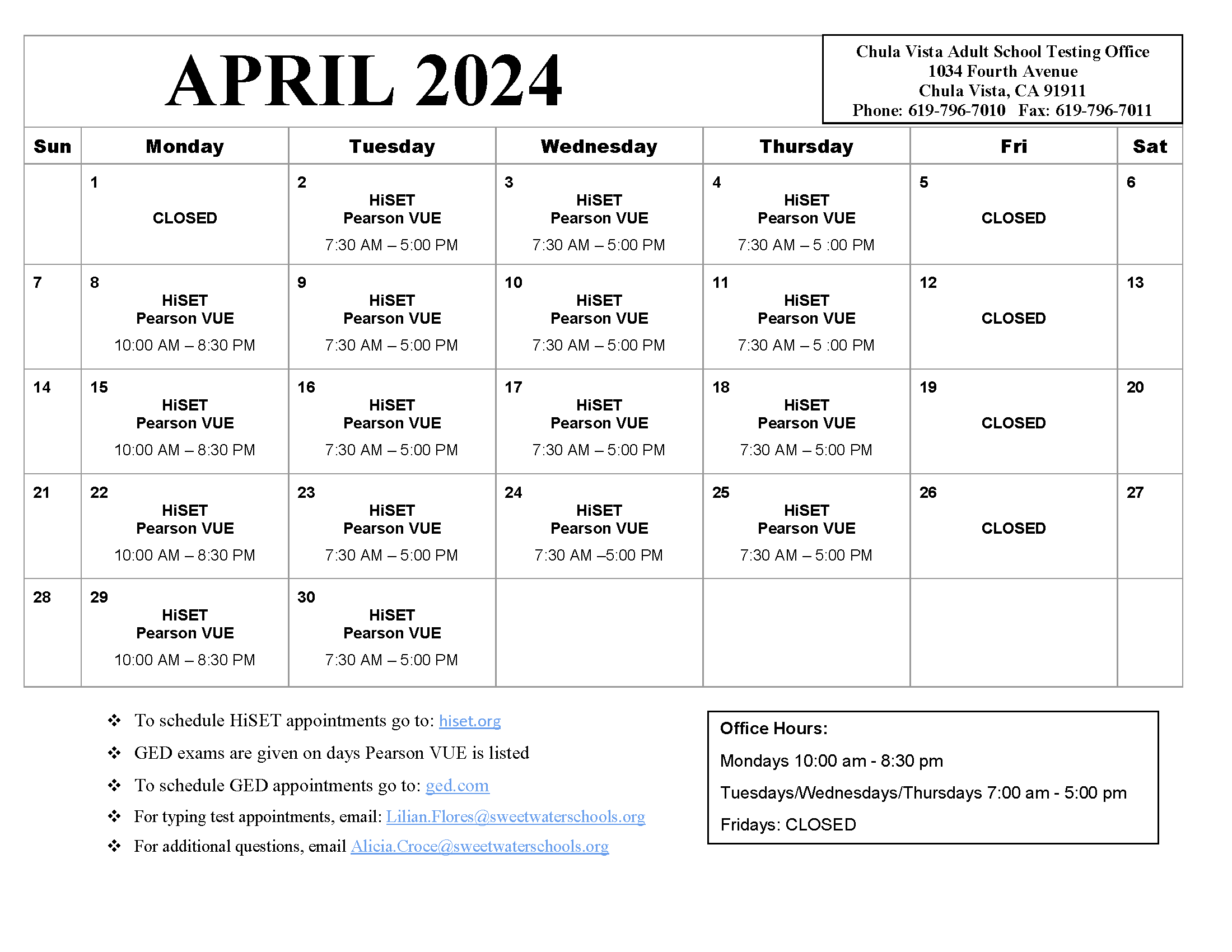 Chula Vista Testing Calendar for April 2024 with times and days they are open.