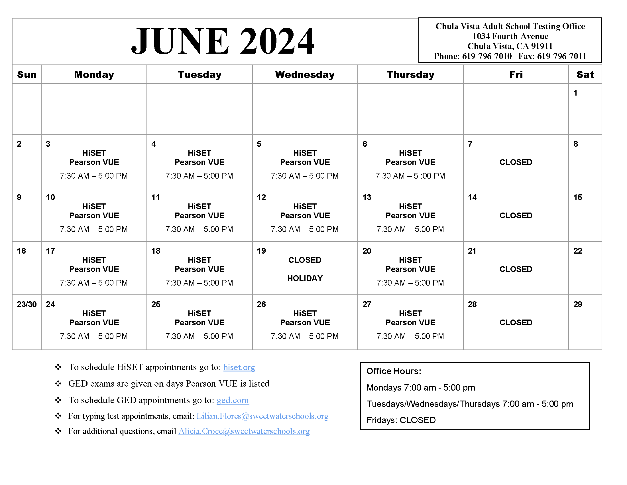 June 2024 Testing Calendar for the Chula Vista Testing Center.