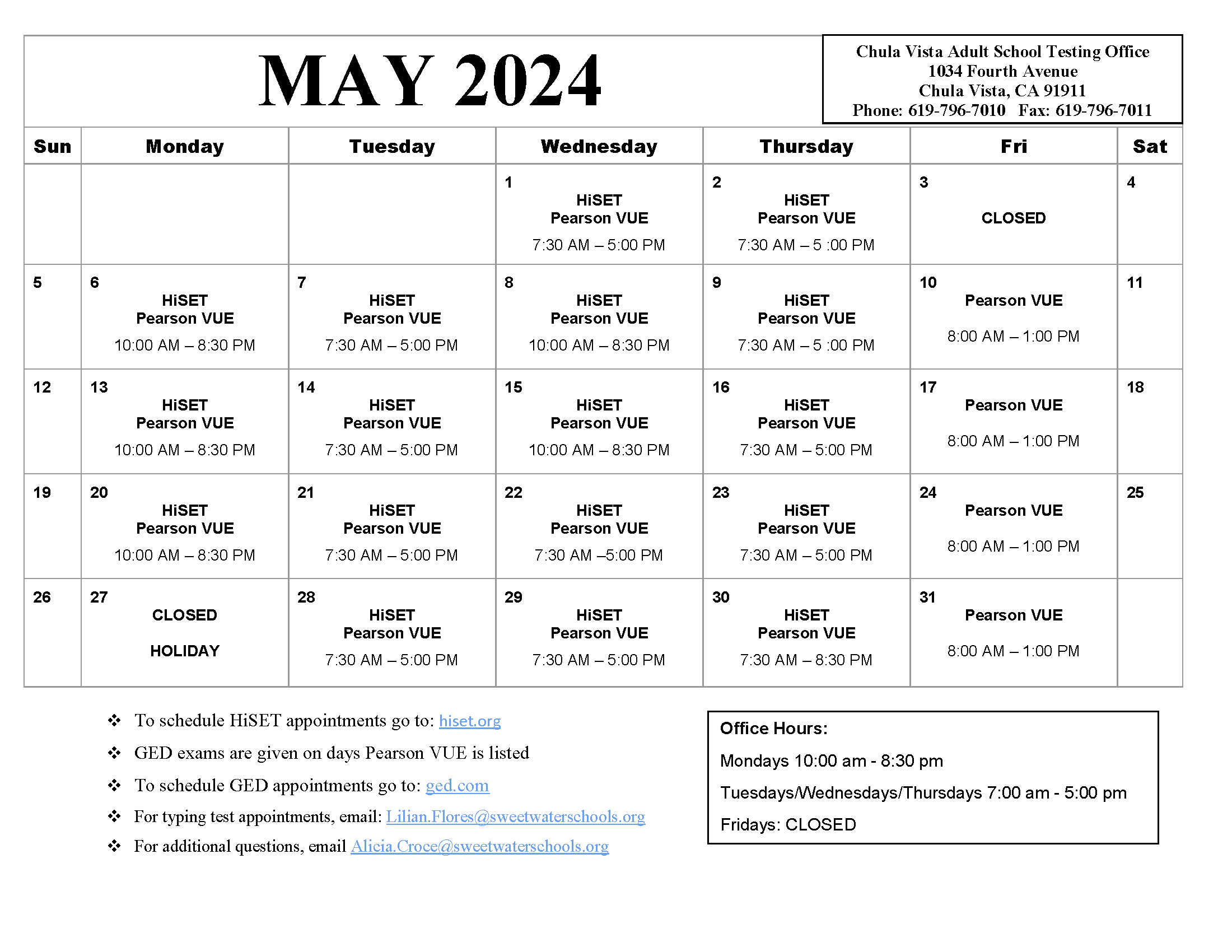 Modified May calendar including Friday hours for the Chula Vista testing center.