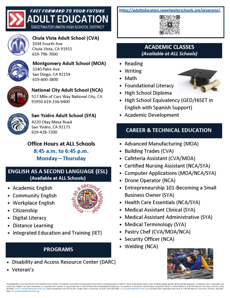 General information flyer about adult schools and free classes