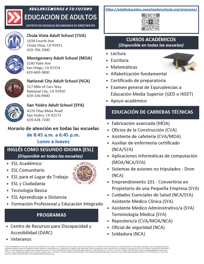 Folleto de información general sobre nuestros programas y clases disponibles en nuestras escuelas para adultos.
