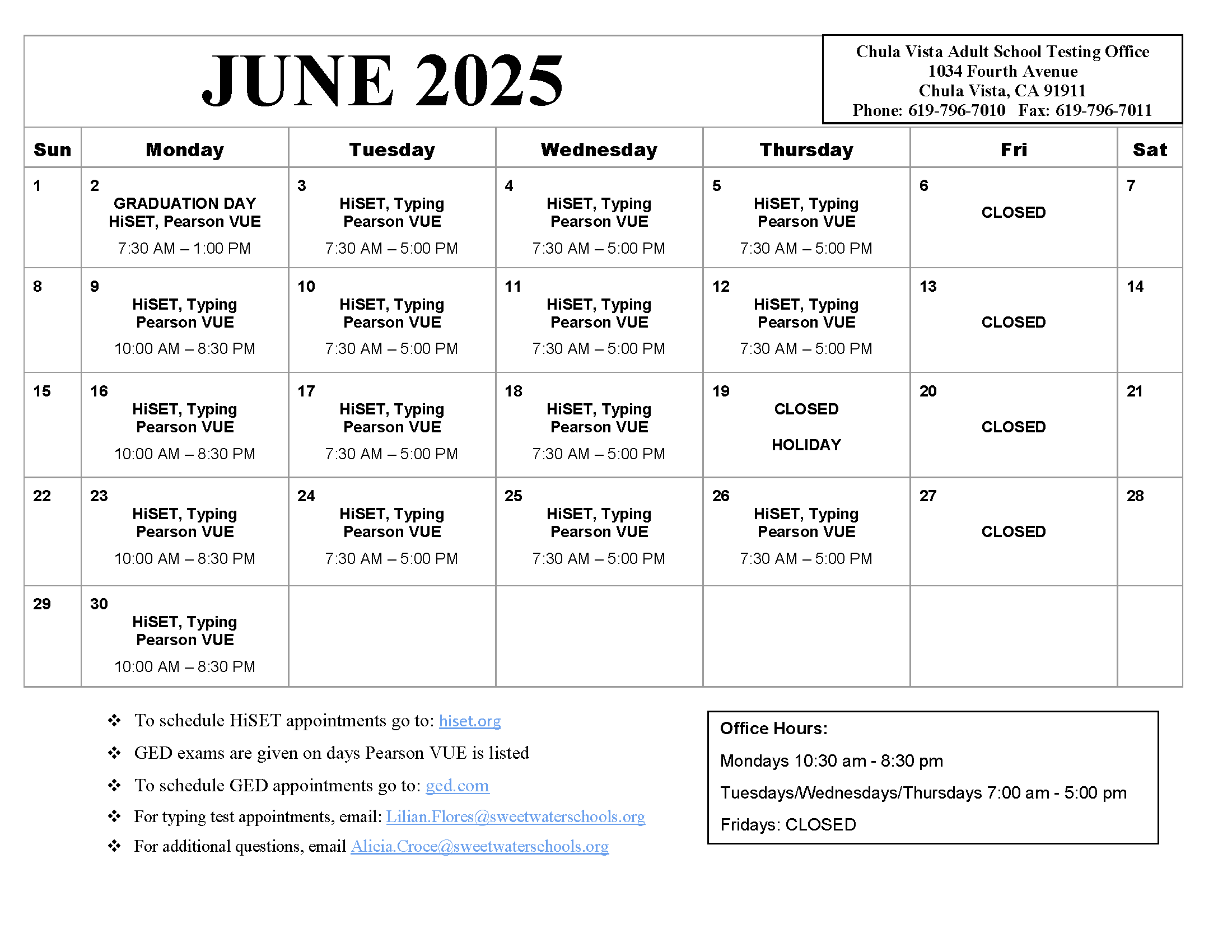 June 2025 Chula Vista Testing Center calendar