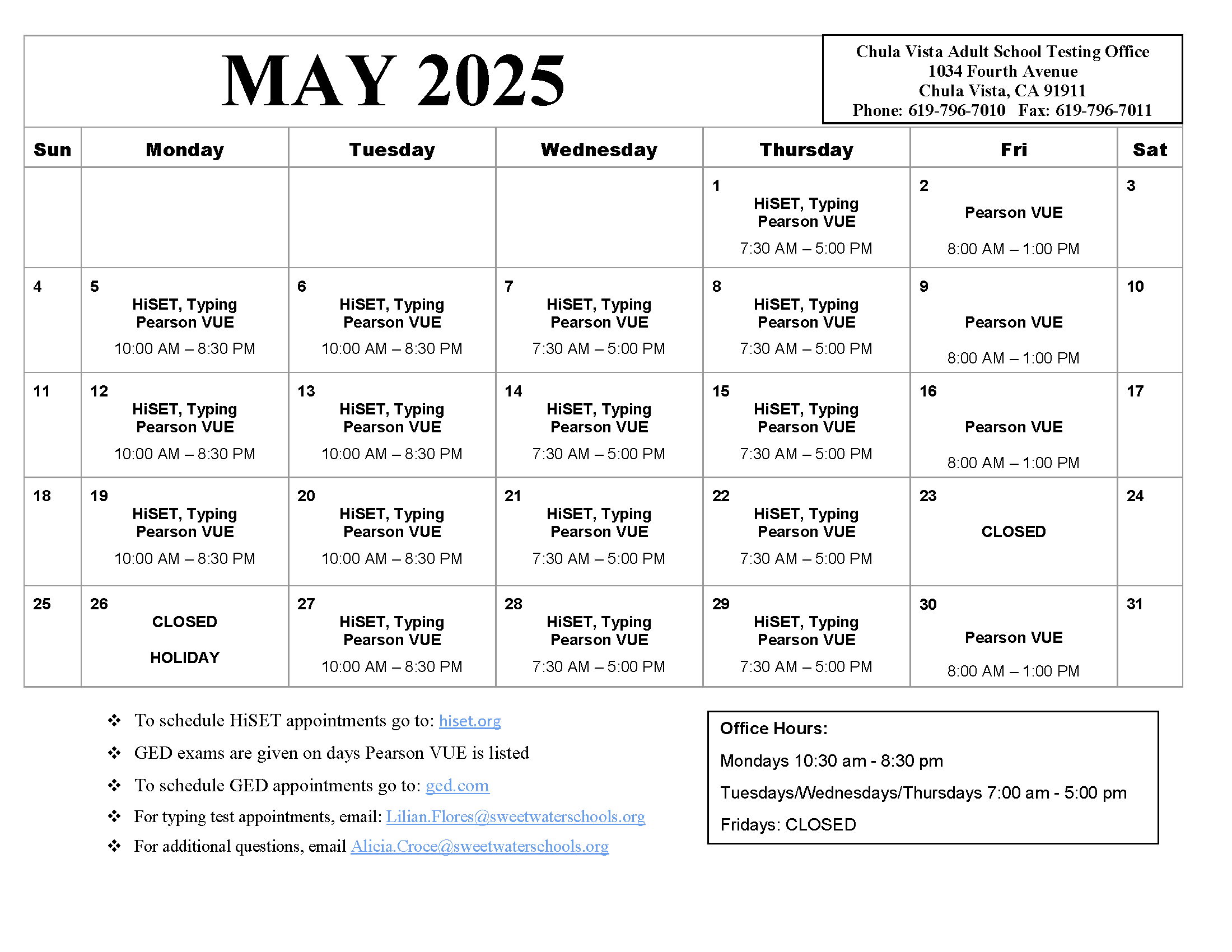 May 2025 Chula Vista Testing Center schedule.