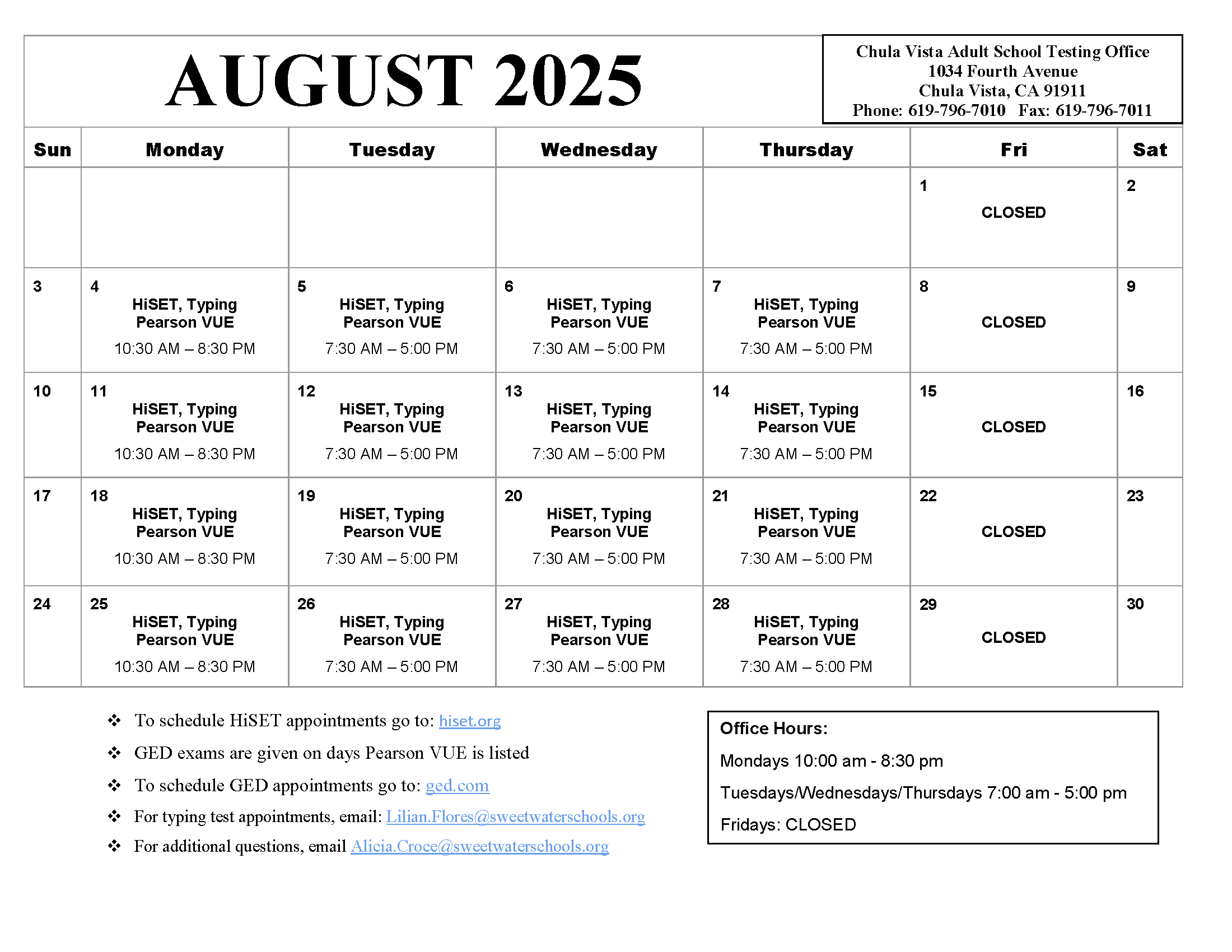image of the August 2025 Chula Vista Adult School Testing Center calendar