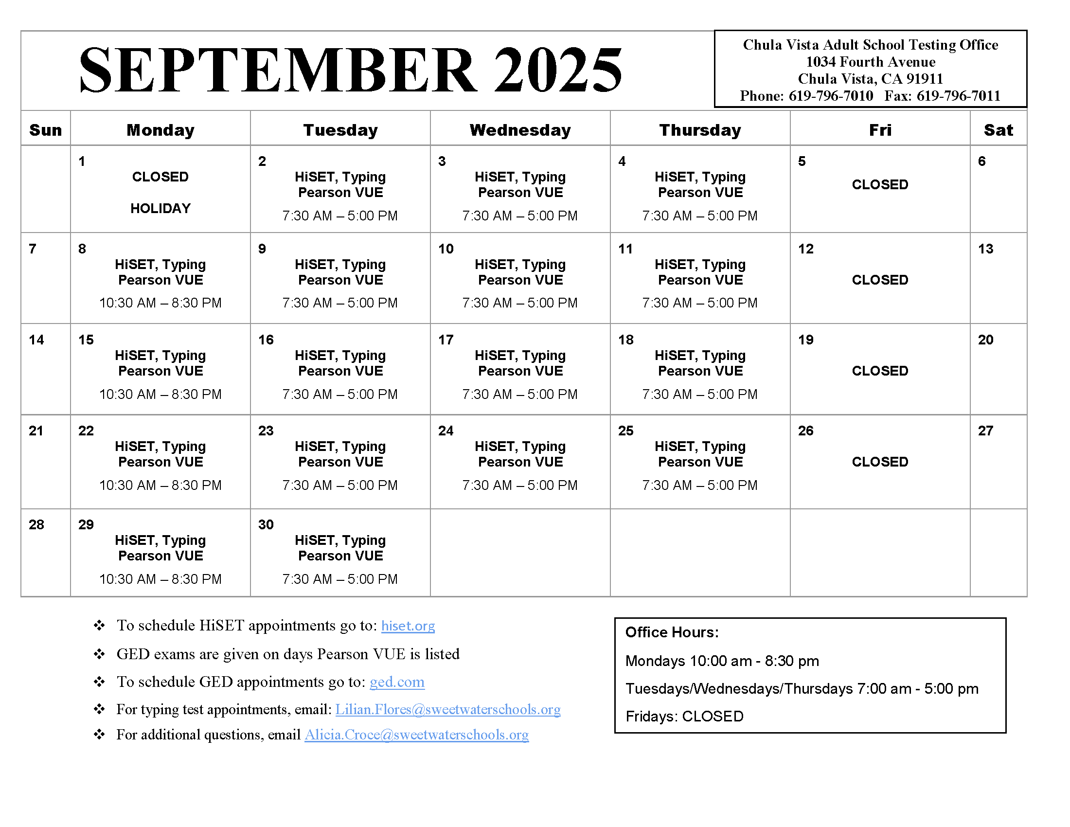 image of the September 2025 Chula Vista Testing Center calendar