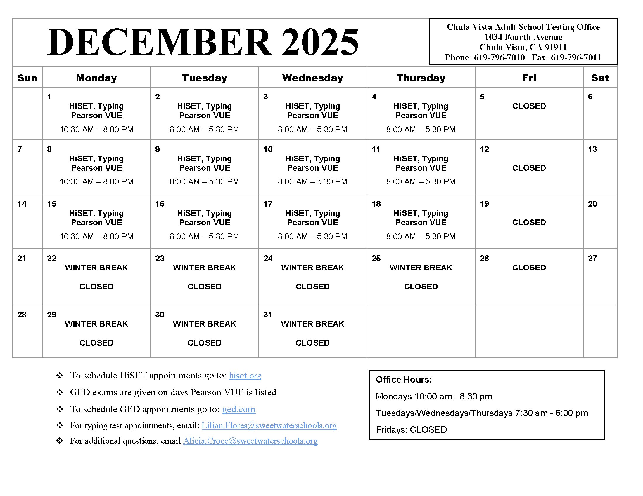 Chula Vista testing center calendar for December 2025