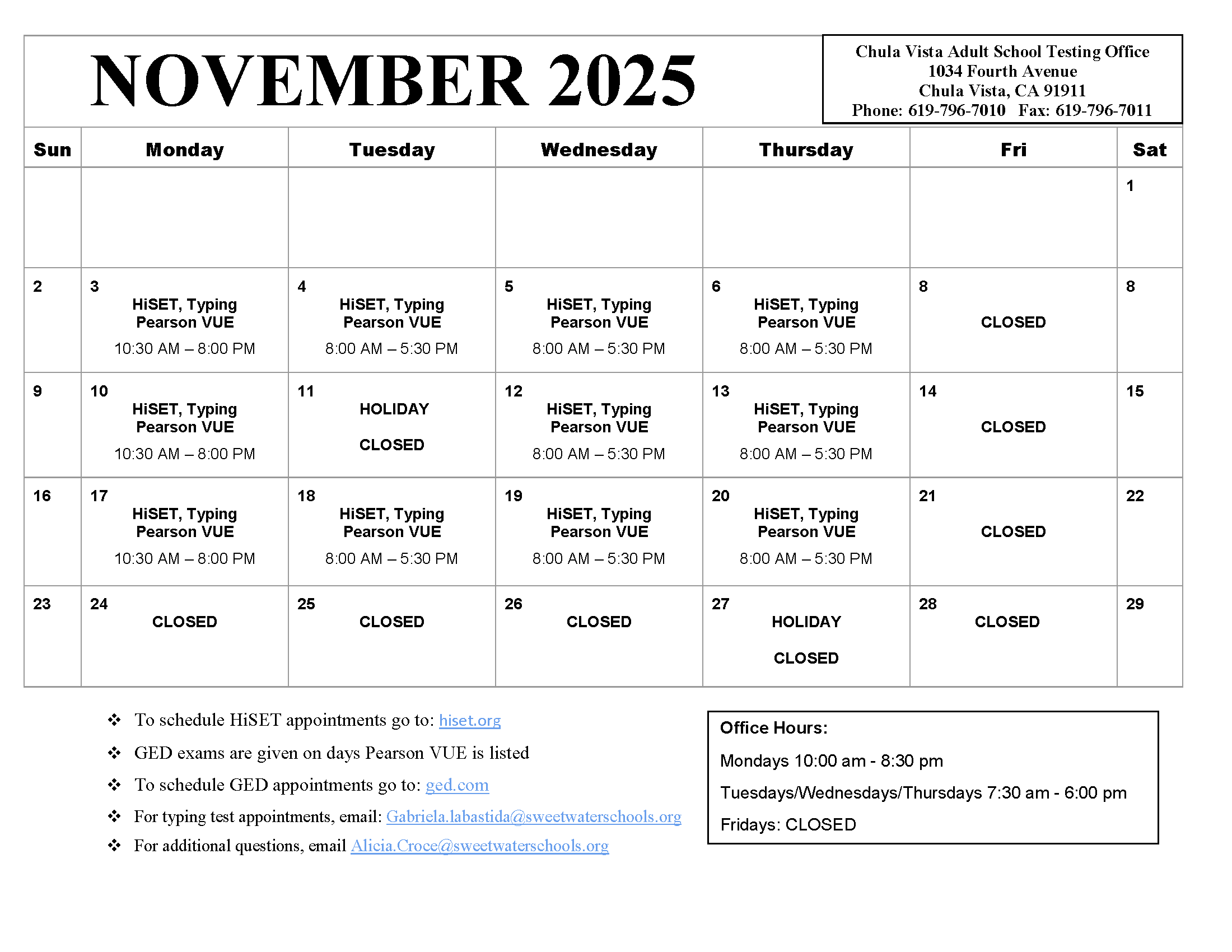 Chula Vista testing center calendar for November 2025
