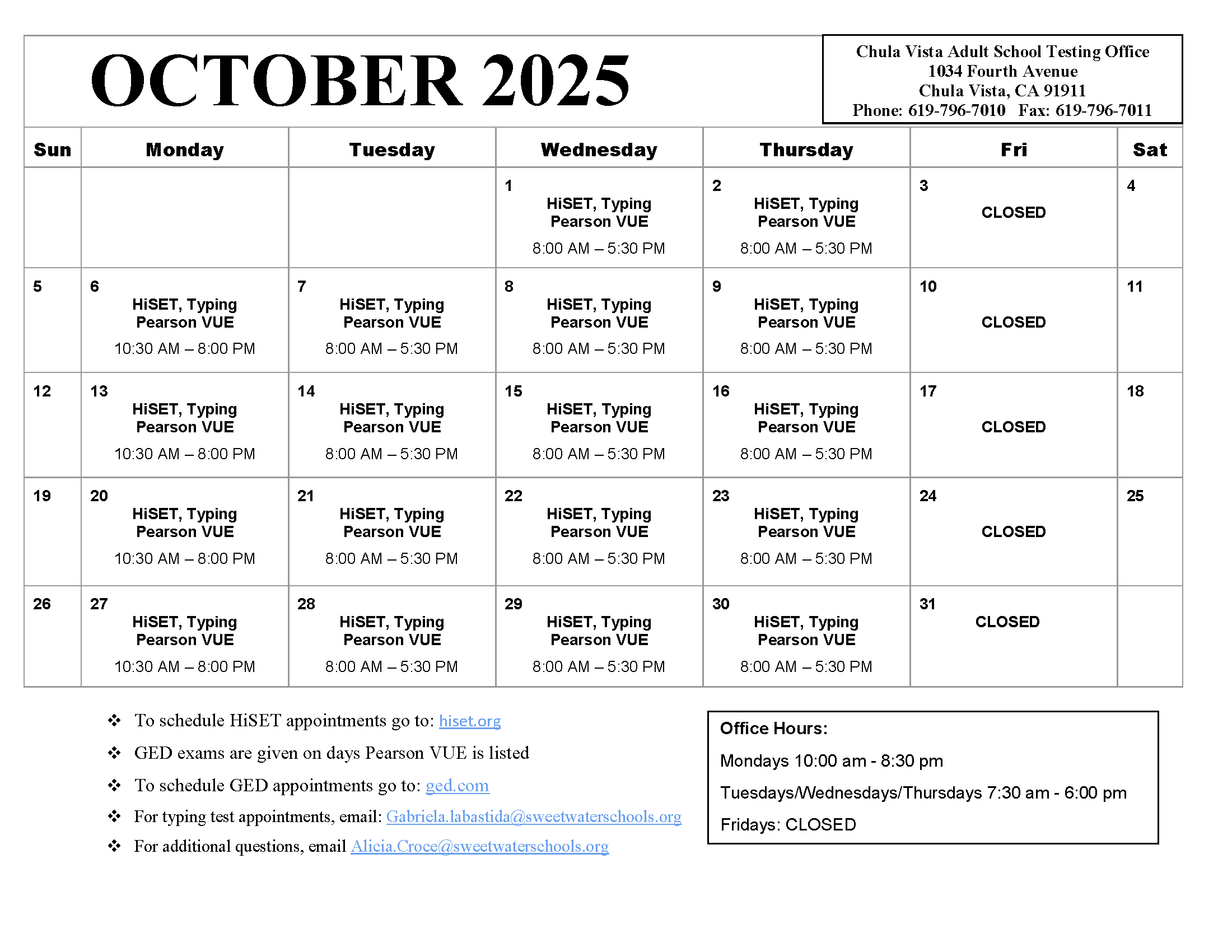 Chula Vista testing center calendar for Cctober 2025