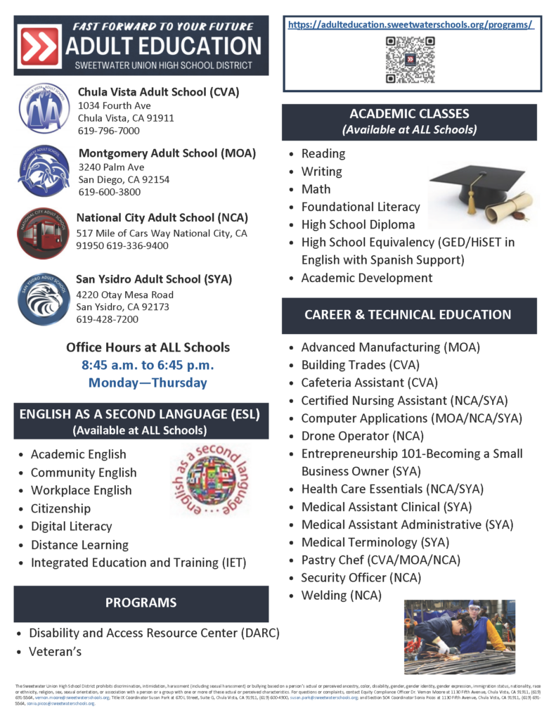 Flyer about our programs, schools, and office hours.