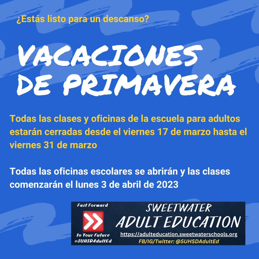 Spring break announcement flyer in Spanish