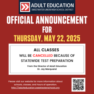 An official announcement for Thursday, May 22, 2025. All classes will be cancelled because of statewide preparation.